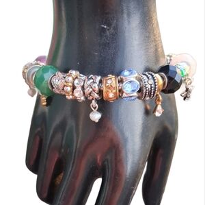 Romantic Silvertone Curated Charm Bracelet - Amethyst, Jade & Black Onyx Accents